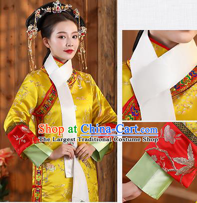 Ancient China Qing Dynasty Court Empress Historical Clothing Yellow Dress Garments and Handmade Headpieces