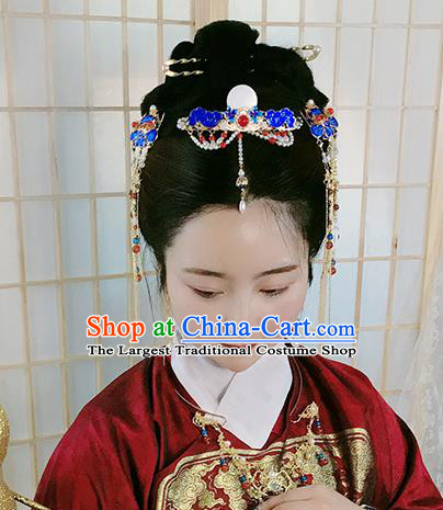 Chinese Ancient Noble Woman Blueing Hairpin Traditional Ming Dynasty Tassel Hair Crown Complete Set