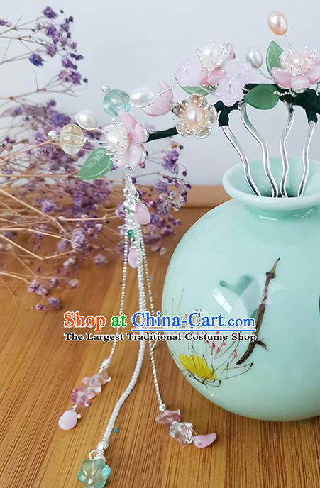 Chinese Ancient Palace Lady Pink Plum Blossom Hairpin Traditional Ming Dynasty Pearls Tassel Hair Comb