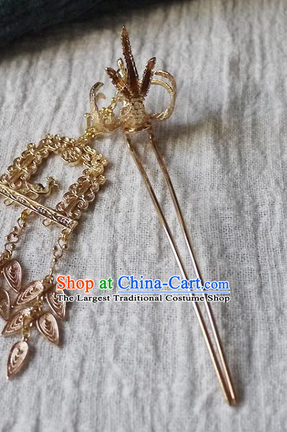 Chinese Ancient Queen Golden Phoenix Hairpin Hair Accessories Traditional Ming Dynasty Empress Tassel Hair Stick