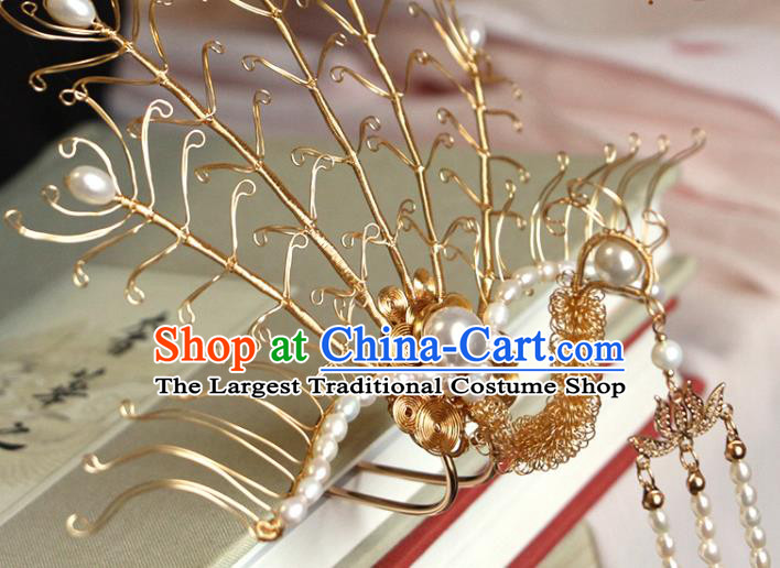 China Ancient Empress Golden Phoenix Hairpin Traditional Hanfu Hair Accessories Ming Dynasty Pearls Tassel Hair Stick