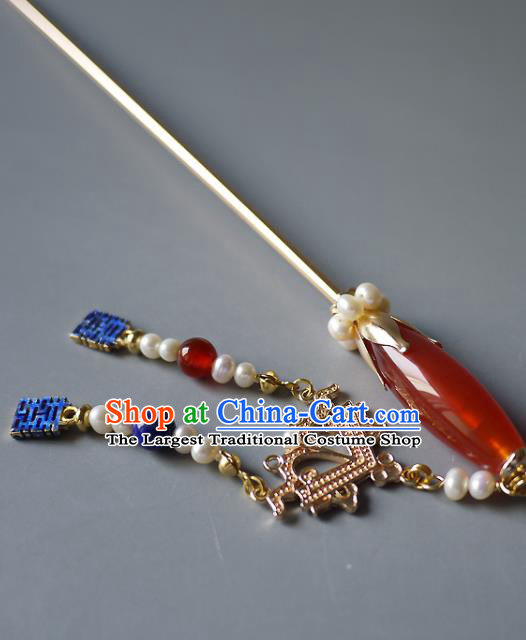 Chinese Ancient Court Woman Agate Hairpin Hair Accessories Traditional Ming Dynasty Empress Pearls Tassel Hair Stick