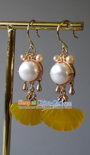 Chinese Ancient Princess Topaz Ginkgo Leaf Ear Accessories Traditional Qing Dynasty Pearls Earrings
