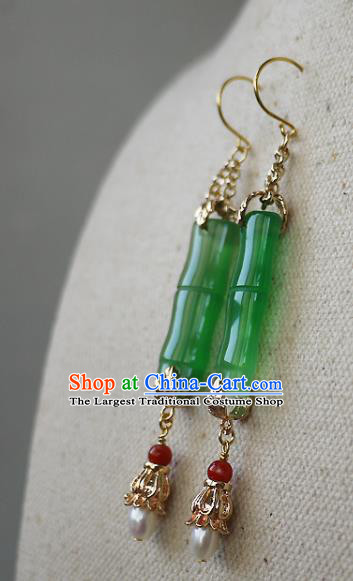 Chinese Ancient Palace Woman Ear Accessories Traditional Cheongsam Chrysoprase Bamboo Earrings