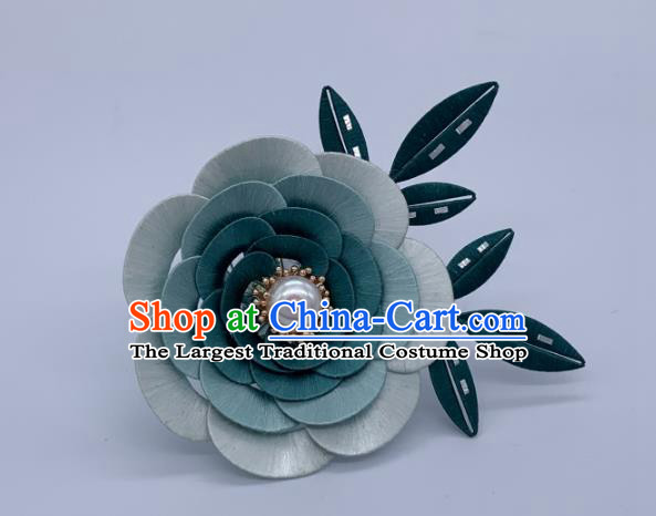 China Handmade Green Silk Camellia Hairpin Traditional Tang Dynasty Hanfu Hair Accessories Ancient Palace Lady Hair Stick