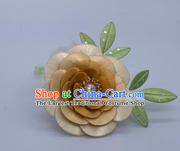 China Traditional Hanfu Hair Accessories Ancient Tang Dynasty Hair Stick Handmade Yellow Silk Camellia Hairpin