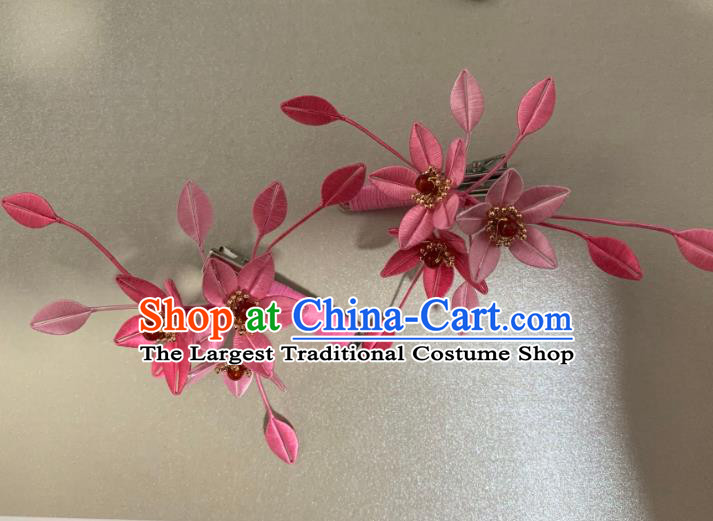 China Handmade Pink Silk Flowers Hairpin Traditional Hanfu Hair Accessories Ancient Song Dynasty Young Lady Hair Claws