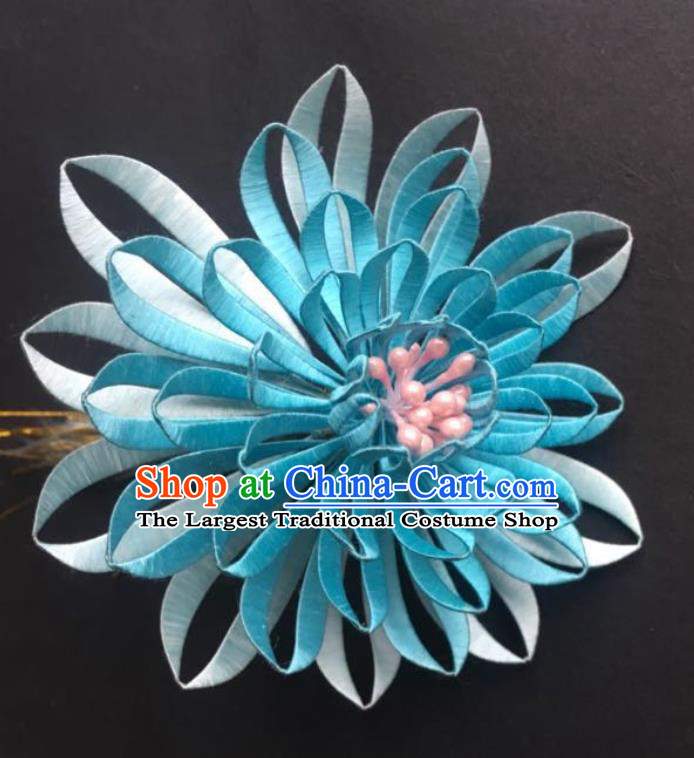 China Handmade Blue Silk Chrysanthemum Hairpin Traditional Hanfu Hair Accessories Ancient Court Woman Hair Stick