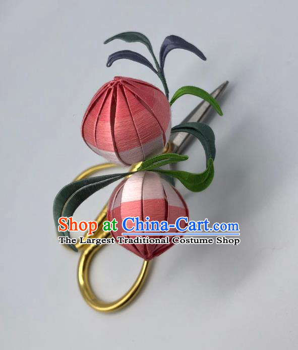 China Handmade Pink Silk Peach Hairpin Traditional Hanfu Hair Accessories Ancient Song Dynasty Young Lady Hair Stick
