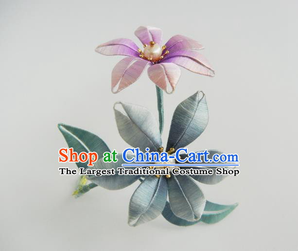 China Traditional Hanfu Hair Accessories Ancient Song Dynasty Noble Woman Hair Stick Handmade Silk Lily Flowers Hairpin