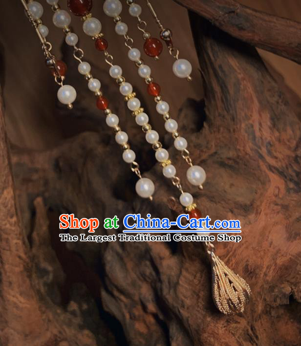 China Handmade Pearls Tassel Hairpin Traditional Ming Dynasty Hair Accessories Ancient Princess Golden Leaf Hair Stick