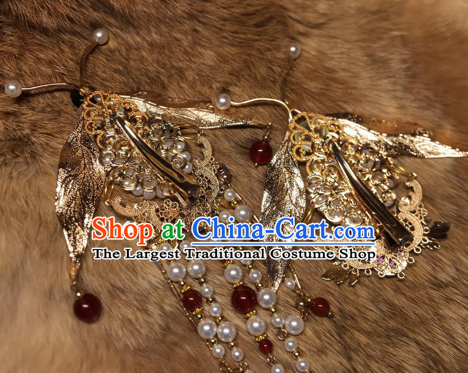 China Handmade Pearls Tassel Hairpin Traditional Ming Dynasty Hair Accessories Ancient Princess Golden Leaf Hair Stick