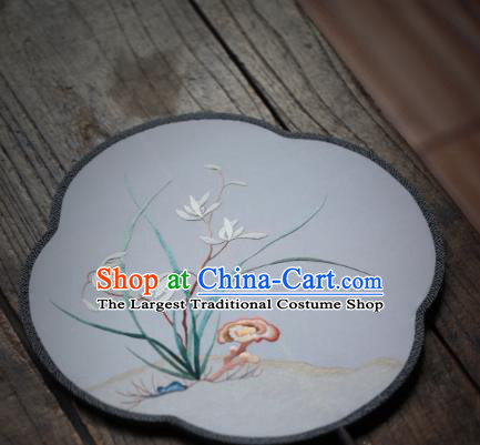 China Traditional Song Dynasty Hanfu Fan Handmade Embroidered Orchids Fan Classical Silk Palace Fan