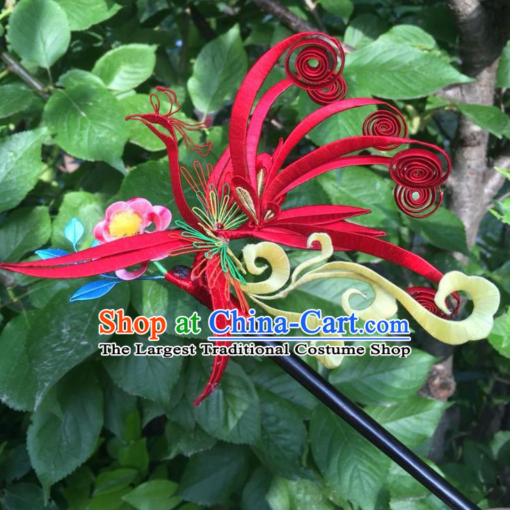 China Handmade Red Silk Phoenix Hairpin Traditional Ming Dynasty Hair Accessories Ancient Wedding Hair Stick