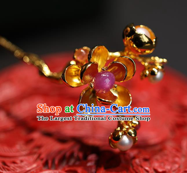 China Handmade Golden Plum Hairpin Traditional Qing Dynasty Court Headpiece Ancient Palace Lady Tourmaline Hair Clip