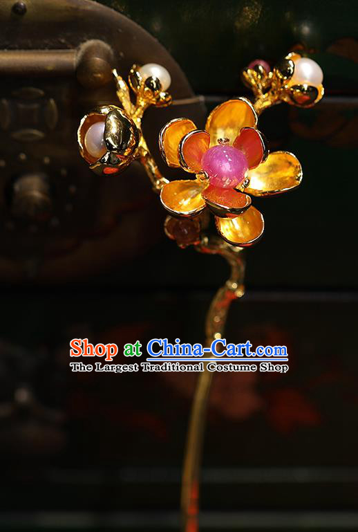 China Handmade Golden Plum Hairpin Traditional Qing Dynasty Court Headpiece Ancient Palace Lady Tourmaline Hair Clip