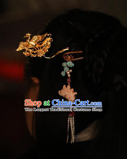 China Handmade Pearls Tassel Hairpin Traditional Ming Dynasty Court Headpiece Ancient Empress Golden Phoenix Hair Stick