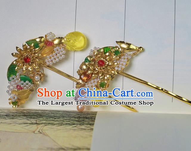 China Handmade Hanfu Gems Hairpin Traditional Ming Dynasty Hair Accessories Ancient Empress Golden Hair Stick