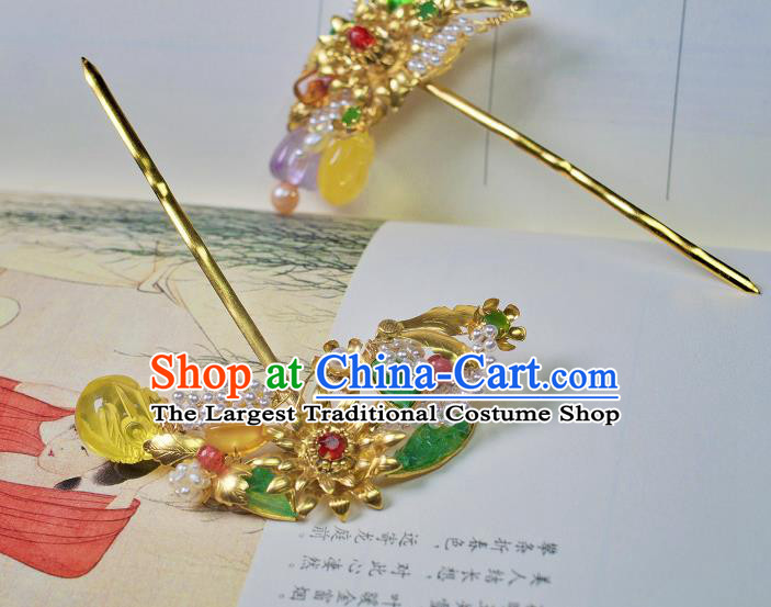 China Handmade Hanfu Gems Hairpin Traditional Ming Dynasty Hair Accessories Ancient Empress Golden Hair Stick