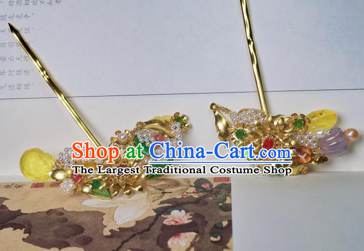 China Handmade Hanfu Gems Hairpin Traditional Ming Dynasty Hair Accessories Ancient Empress Golden Hair Stick