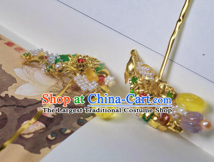 China Handmade Hanfu Gems Hairpin Traditional Ming Dynasty Hair Accessories Ancient Empress Golden Hair Stick