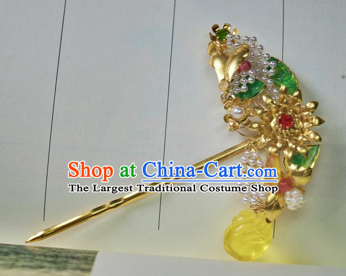 China Handmade Hanfu Gems Hairpin Traditional Ming Dynasty Hair Accessories Ancient Empress Golden Hair Stick