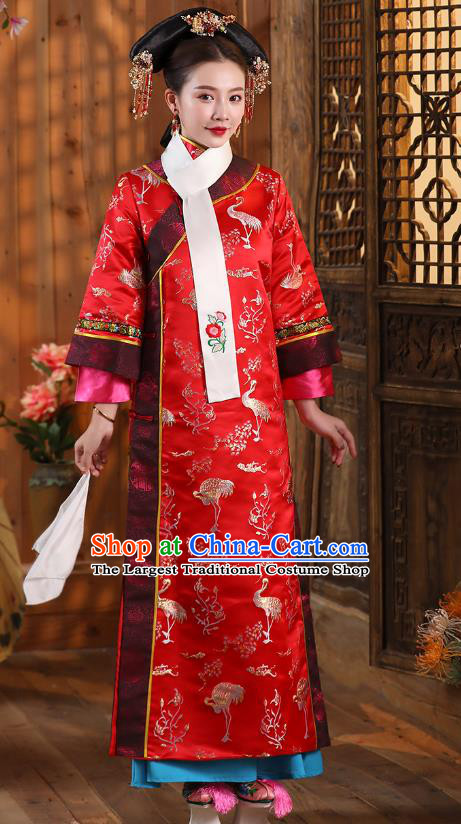 China Traditional Qing Dynasty Queen Garment Costumes Ancient Empress Red Dress Clothing and Headwear