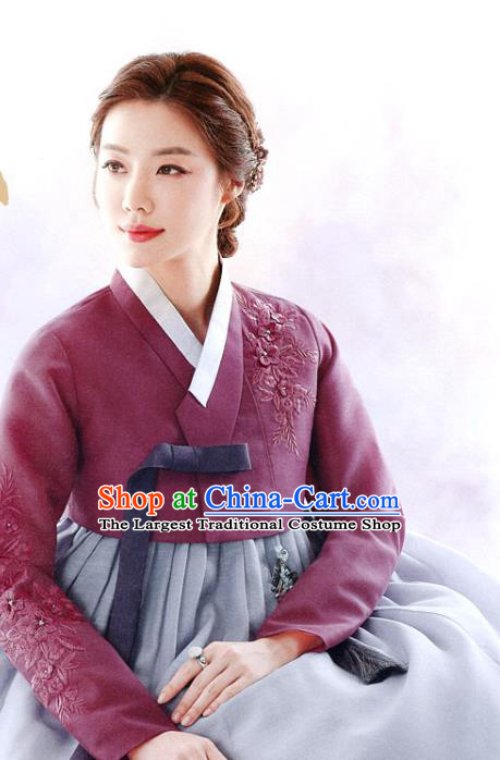 Asian Korea Hanbok Clothing Mother Wine Red Blouse and Blue Dress Korean Traditional Garments Fashion