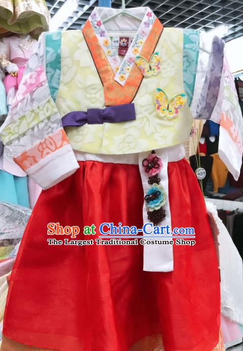 Korean Girl Princess Fashion Korea Court Hanbok Clothing Asian Traditional Yellow Blouse and Red Dress Garments