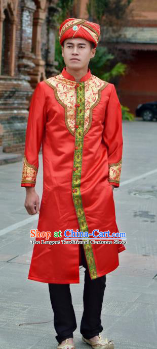 Thailand Traditional Bridegroom Costumes Asian Thai Prince Wedding Red Long Gown Clothing and Hat