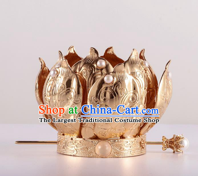 China Traditional Ming Dynasty Court Queen Headwear Ancient Empress Golden Lotus Hair Crown and Tassel Hairpins