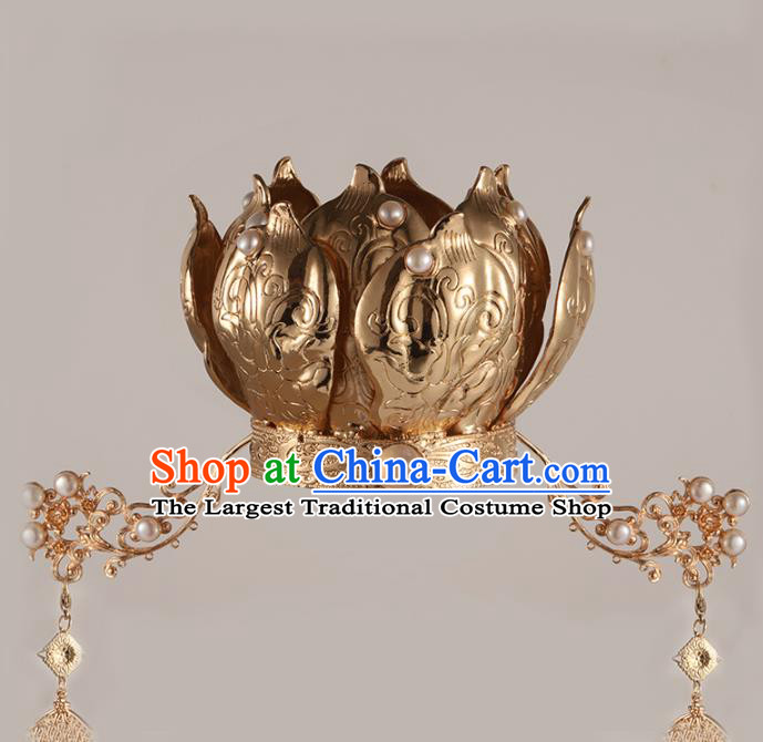 China Traditional Ming Dynasty Court Queen Headwear Ancient Empress Golden Lotus Hair Crown and Tassel Hairpins