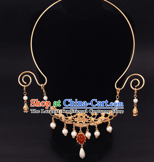 Chinese Traditional Ming Dynasty Necklace Accessories Ancient Court Woman Golden Phoenix Necklet