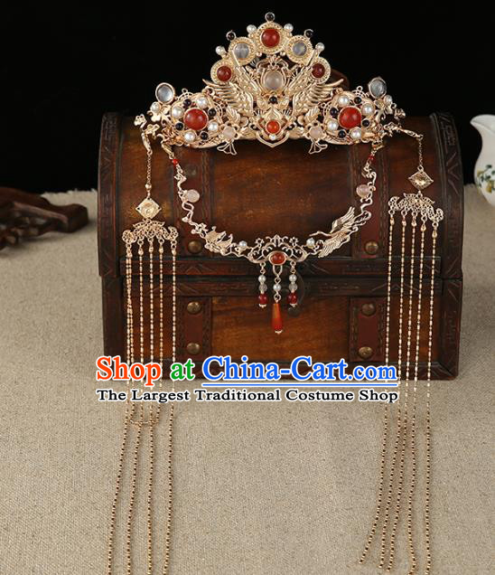 China Traditional Ming Dynasty Hanfu Hair Accessories Ancient Empress Golden Tassel Hair Crown