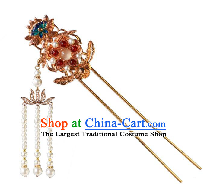 China Traditional Ming Dynasty Court Woman Hairpin Ancient Empress Pearls Tassel Hair Stick