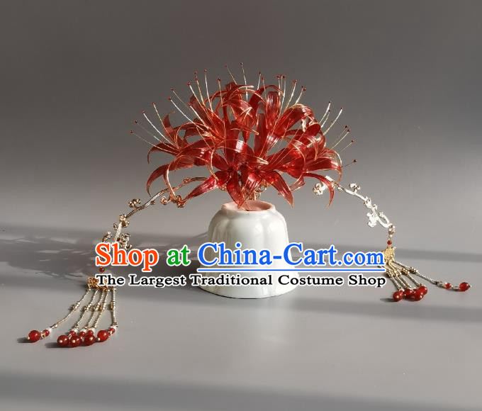 China Traditional Red Spider Lily Hair Crown Ancient Palace Princess Tassel Hairpin