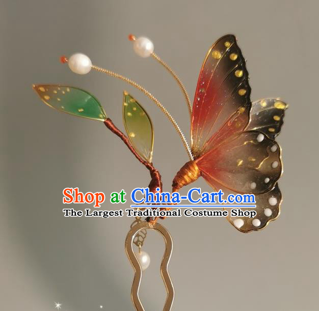 China Traditional Cheongsam Hairpin Handmade Ancient Princess Red Butterfly Hair Stick