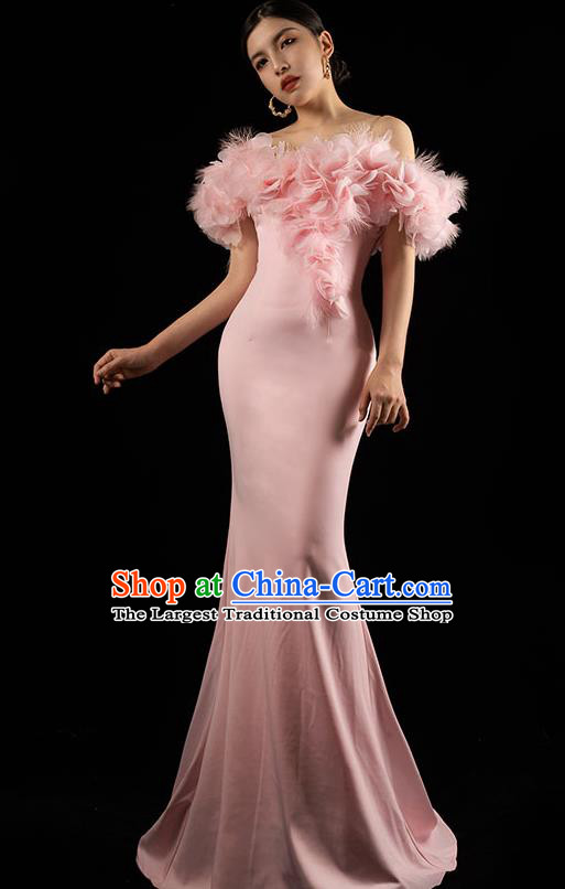 Top Grade Catwalks Pink Feather Off Shoulder Dress Stage Show Clothing Annual Meeting Full Dress