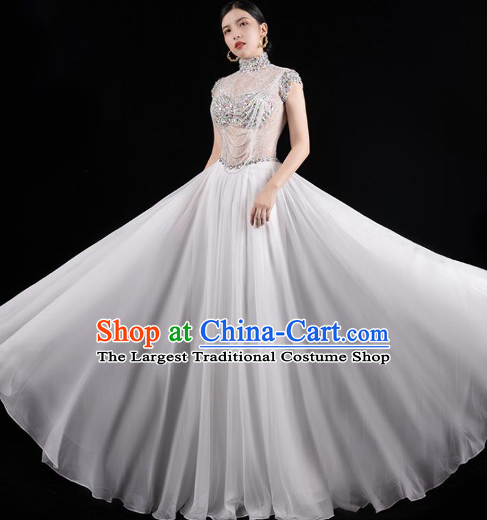 Top Grade Annual Meeting Stage Show White Dress Clothing Catwalks Embroidered Beads Full Dress