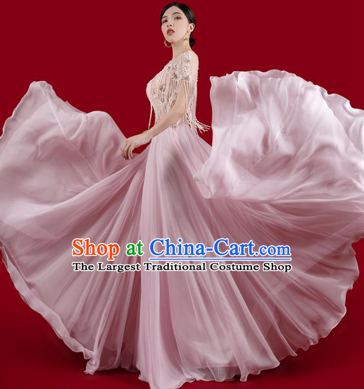 Top Grade Annual Meeting Stage Show Pink Dress Catwalks Embroidered Clothing Beads Tassel Full Dress