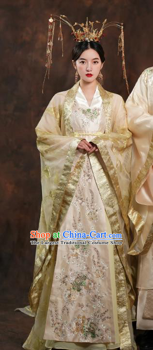 China Traditional Tang Dynasty Empress Wedding Costumes Ancient Queen Golden Hanfu Dress