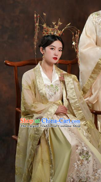 China Traditional Tang Dynasty Empress Wedding Costumes Ancient Queen Golden Hanfu Dress