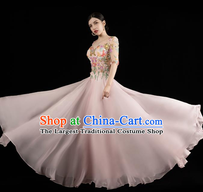 Top Grade Catwalk Performance Clothing Annual Meeting Embroidered Pink Dress Compere Full Dress