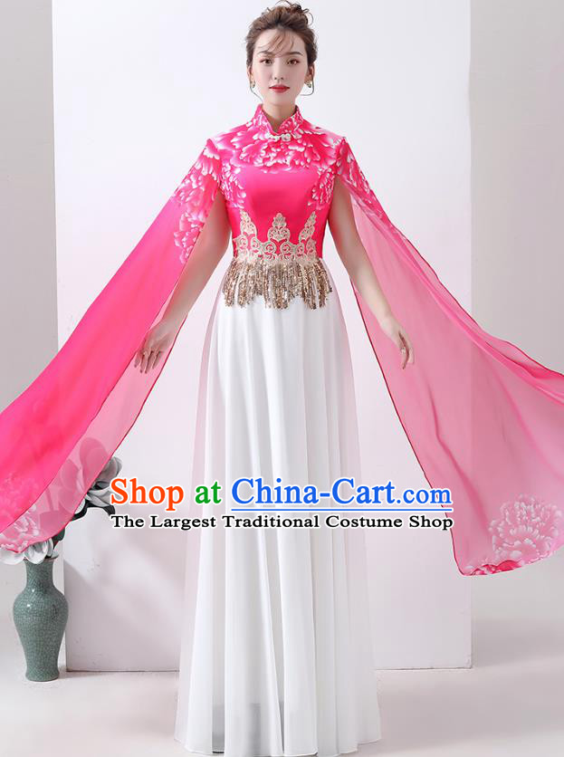 Chinese Printing Peony Rosy Qipao Dress Classical Dance Cheongsam Chorus Performance Costume