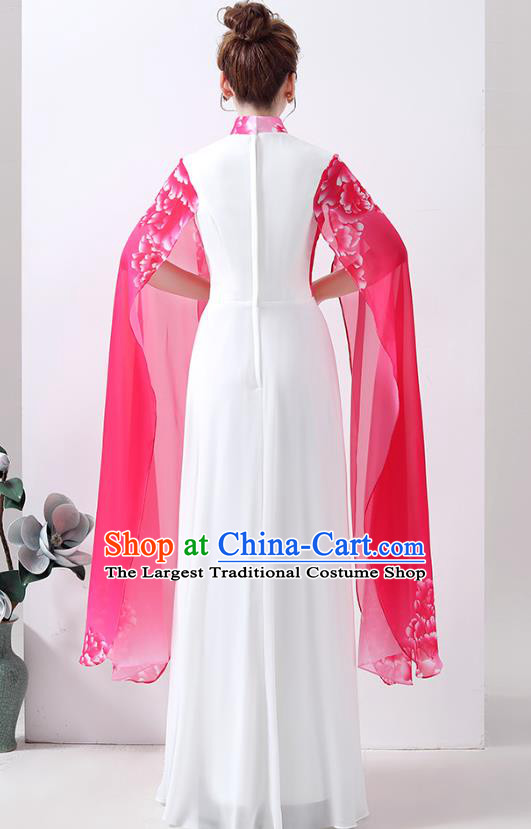 Chinese Printing Peony Rosy Qipao Dress Classical Dance Cheongsam Chorus Performance Costume