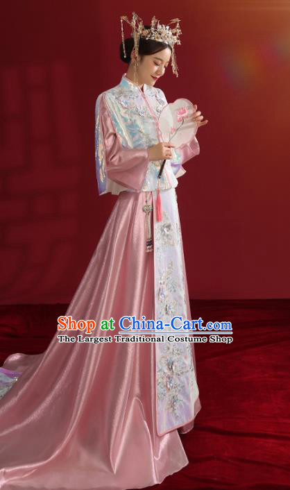 China Bride Dress Traditional Wedding Costumes Classical Embroidered Pink Xiuhe Suit