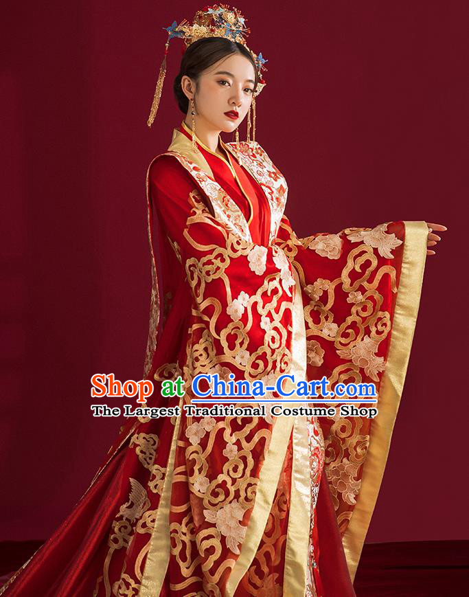 China Traditional Tang Dynasty Wedding Costumes Ancient Empress Red Embroidered Dress