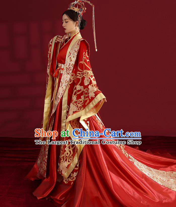 China Traditional Tang Dynasty Wedding Costumes Ancient Empress Red Embroidered Dress