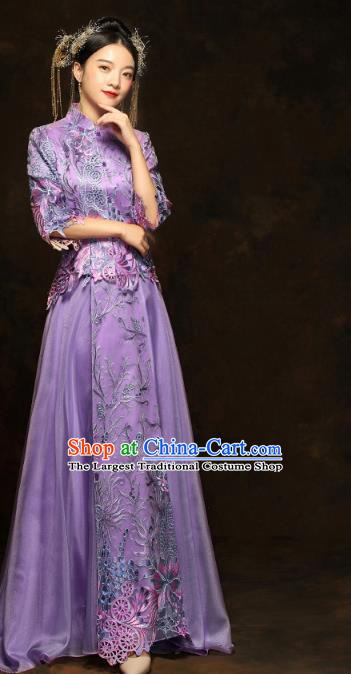 China Classical Bride Costumes Traditional Toast Embroidered Purple Dress Wedding Xiuhe Suits