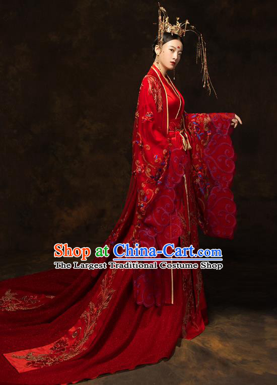 China Ancient Queen Red Hanfu Dress Classical Wedding Xiuhe Suits Traditional Bride Embroidered Costumes